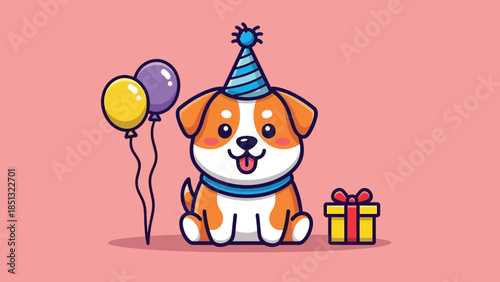 Cute cartoon dog celebrating birthday with party hat balloons and gift illustration.