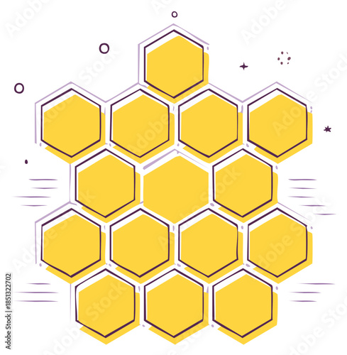 Hand drawn honeycomb icon with yellow hexagonal cells in a doodle sketch style illustration