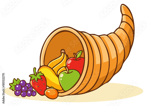 Vibrant cartoon cornucopia overflowing with fresh harvest fruits a symbol of abundance