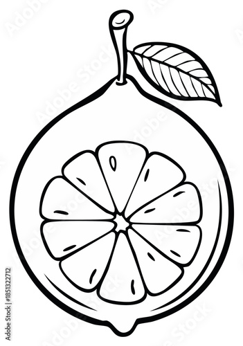 Citrus fruit slice black and white outline illustration with a leaf, lemon slice