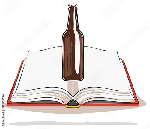 Conceptual illustration of a brown bottle on an open book with blank pages ready for text, design element, vector artwork