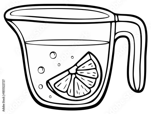 Clear pitcher filled with water and an orange slice in black and white line art