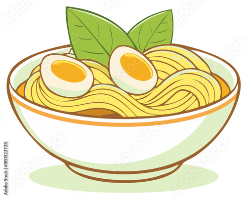 Ramen Noodle Soup Bowl Topped with Hard Boiled Eggs and Greens Cartoon Illustration