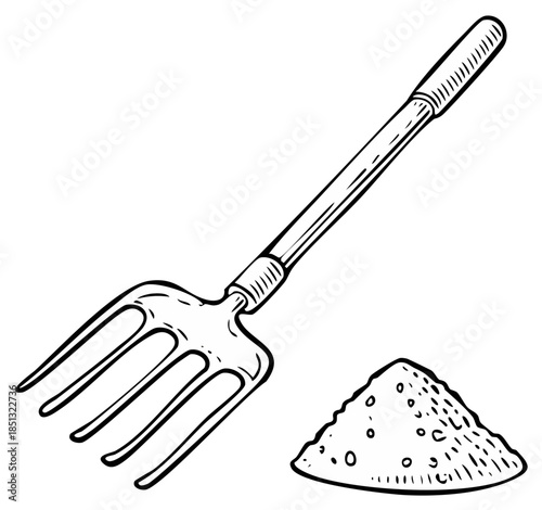 Drawn Gardening Pitchfork with Soil Pile Black Outline Detailed Agriculture Farming Tools Illustration