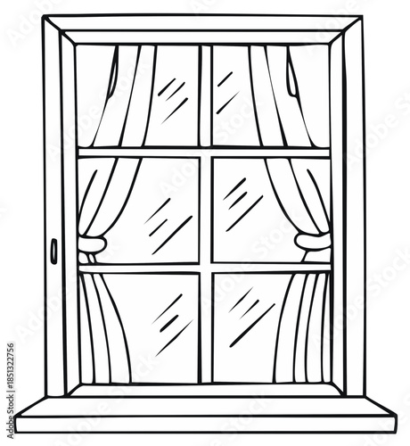 Hand drawn outline of a window frame with curtains and glass panes design element