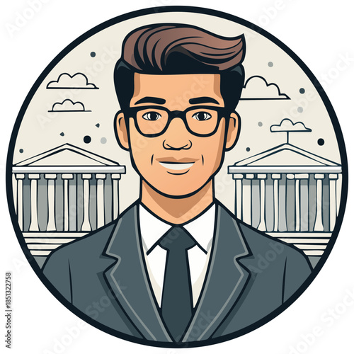 Cartoon Man in Suit with Government Buildings Background Portrait