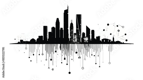 Modern city skyline silhouette with abstract reflection and dots on white background, urban landscape concept, black and gray illustration