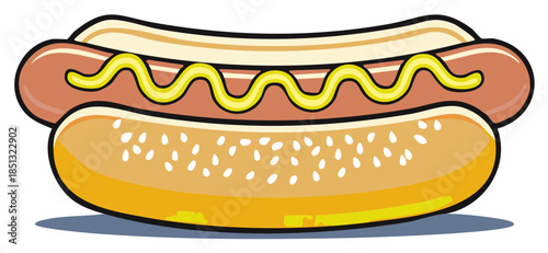 Vector Illustration of a Delicious Hot Dog with Mustard and Sesame Seeds