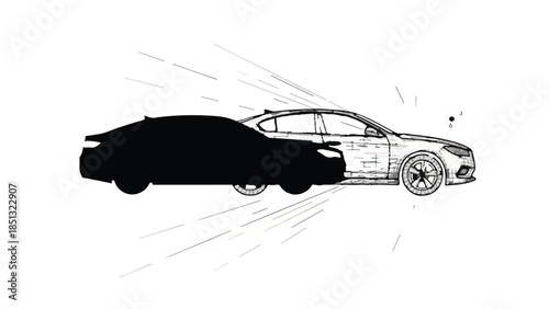Speeding cars racing past each other in motion blur, black and white illustration of vehicles in fast movement