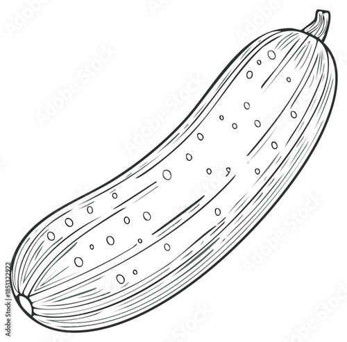 Line drawing of a single cucumber, showing textured skin and seeds, isolated.