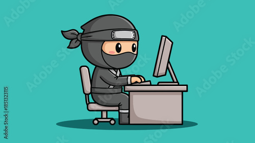 Cute Cartoon Ninja Character Working on Computer at Desk.