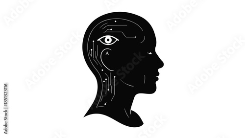 Futuristic human head profile with technological eye illustration, cybernetic concept, artificial intelligence, digital face, robotic, modern design