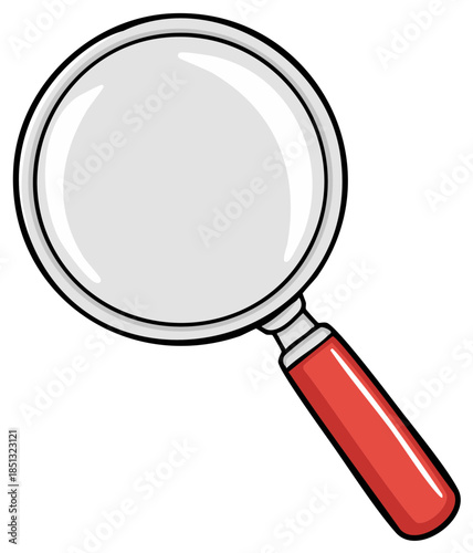 Handheld magnifying glass with a bright white lens and red handle on a plain background