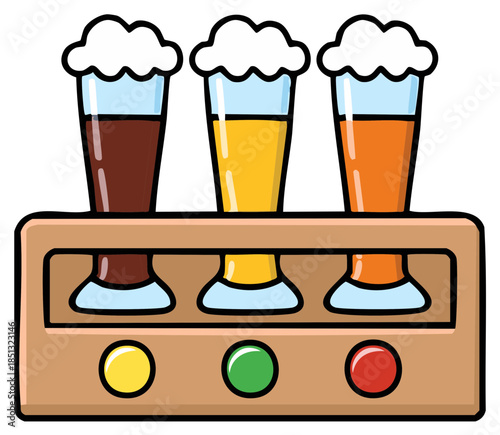 Cartoon beer glasses with different colors, served in a tray with traffic lights.