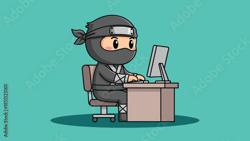 Cute cartoon ninja character working on computer at office desk.