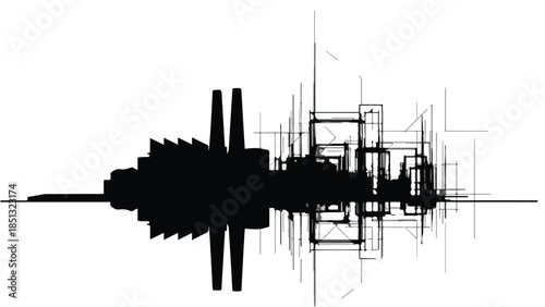 Abstract futuristic cityscape silhouette with geometric lines and shapes in black and white modern urban landscape