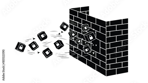 Breaking through brick wall with flying squares and lock icons, symbolizing freedom, security, and innovation in a modern, abstract concept