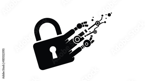 Cyber security concept with robotic hand breaking free from padlock on white background, symbolizing digital freedom and technological advancement