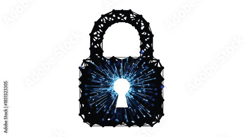 Cyber security padlock with glowing blue keyhole, network connections and data protection concept, futuristic digital illustration for technology and internet safety