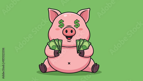 Cute cartoon pink pig character holding cash with dollar signs in its eyes.