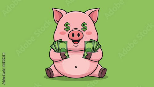 Cute cartoon pink pig with dollar signs in eyes holding money stacks.