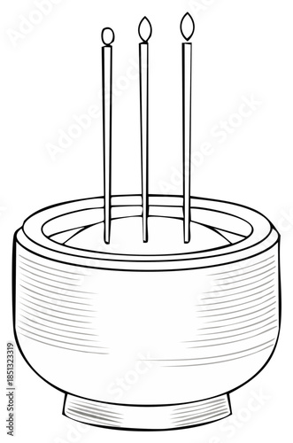 Ink incense vessel with three incense sticks. Traditional art illustration.