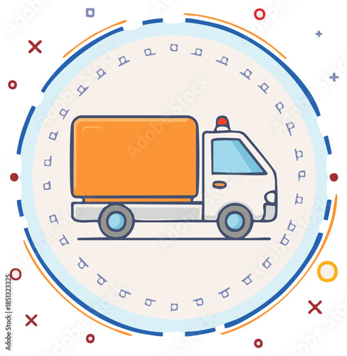 Doodle style delivery truck with orange cargo box and warning light inside circular frame