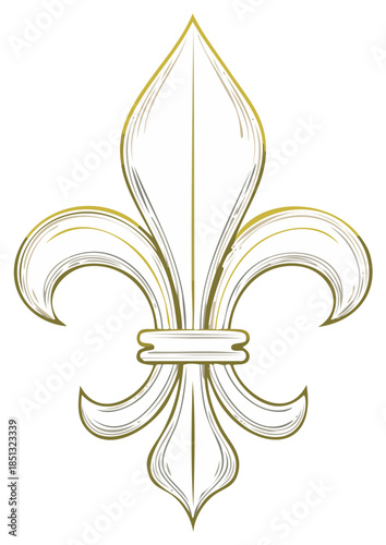 Golden fleur-de-lis symbol illustration. Sketch of heraldic lily emblem. Vintage floral decorative element.