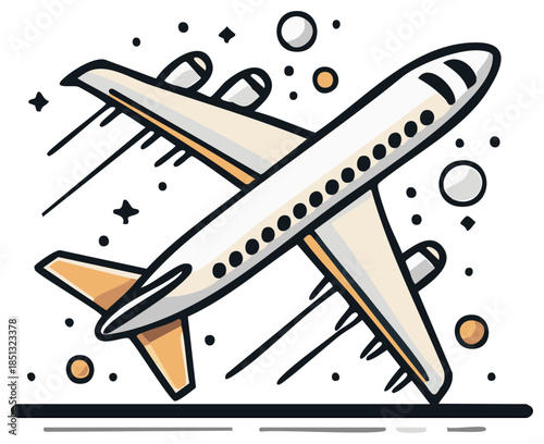 Cartoon Airplane Flying with Stars and Bubbles around it. Vacation Transport