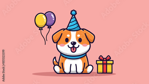 Cute cartoon puppy wearing party hat with balloons and gift box.