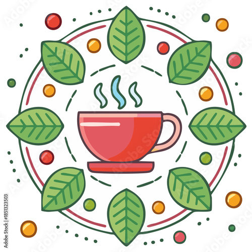 Minimalist illustration of a steaming red teacup or coffee cup framed by green leaves and decorative elements