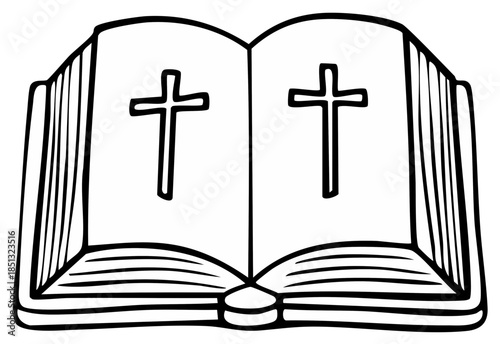 Open Bible with Crosses Black and White Illustration Symbol of Faith Hope Christianity