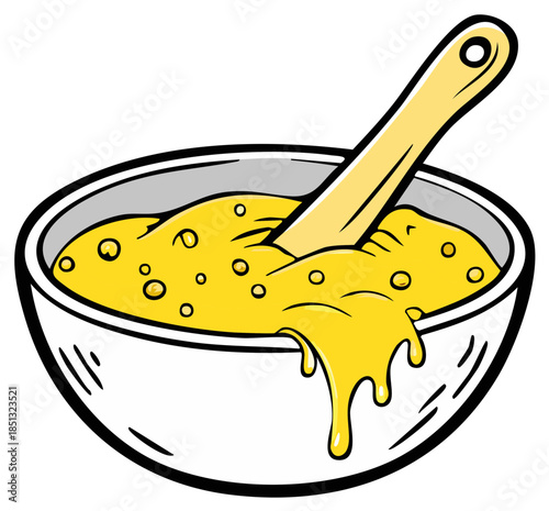 Melted cheesy sauce in a white bowl with a spoon dripping over the side cartoon vector