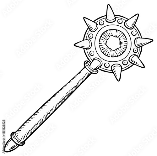 Black and white illustration of a medieval spiked mace weapon