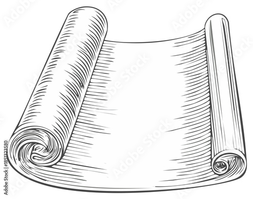 Vintage outline drawing unrolled parchment scroll old paper document message history concept design element