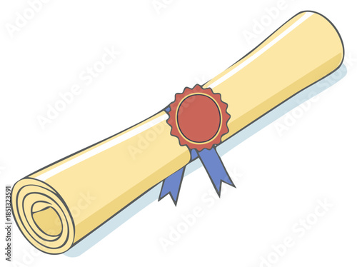 Rolled diploma scroll with a red wax seal and blue ribbon cartoon illustration