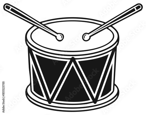 Black and white illustration of a drum with drumsticks, musical instrument.