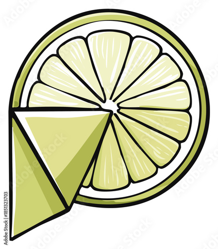 Stylized hand drawn illustration of a fresh lime slice with a cut out wedge