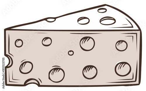 Hand drawn illustration of a cheese wedge with holes and a thick outline