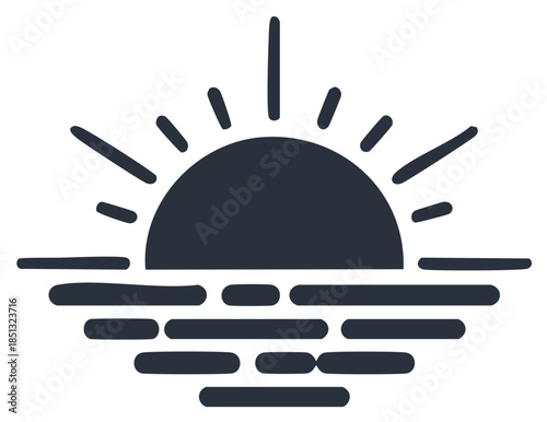 Minimalist sun rising or setting over the water with radiating sunbeams graphic icon