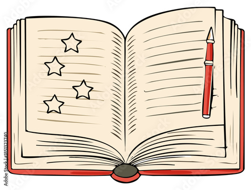 Open book with star rating review and pen vector illustration for education and journaling