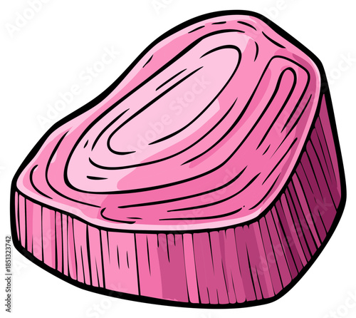 Pink cartoon meat illustration of a cut of steak with bold lines