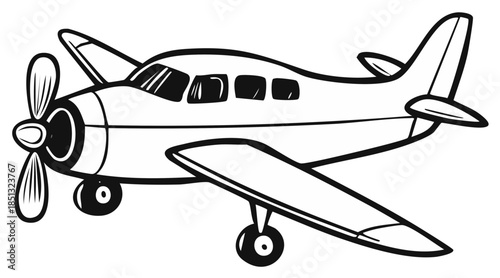 Black and white illustration of a propeller driven airplane with windows and landing gear