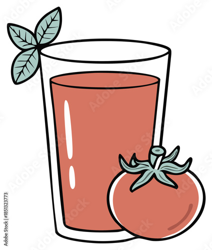 Tomato juice in glass with fresh tomato and basil leaf illustration.