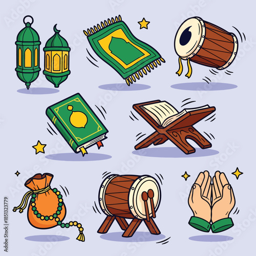 Handdrawn Islamic religious and cultural items collection.