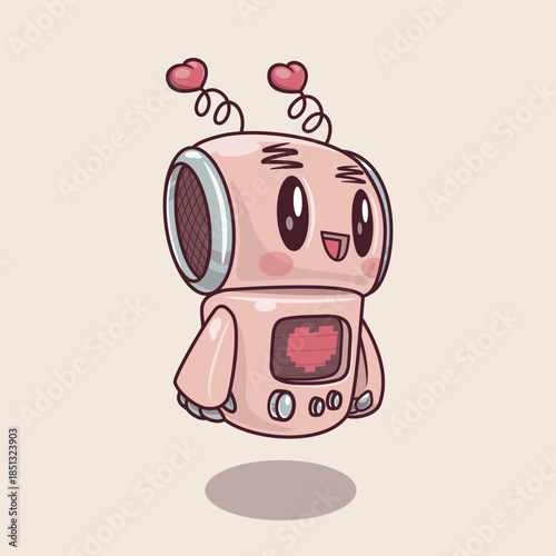 Cute pink robot character with heart antennae for Valentine's Day celebration. Vector art.