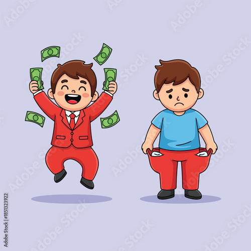 Happy rich man with money and sad poor man with empty pockets.