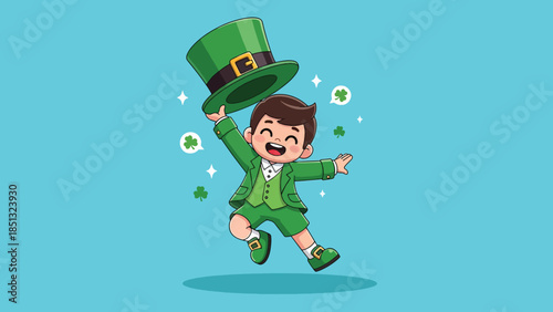 Joyful cartoon leprechaun boy jumping with a green top hat for St Patricks Day celebration.