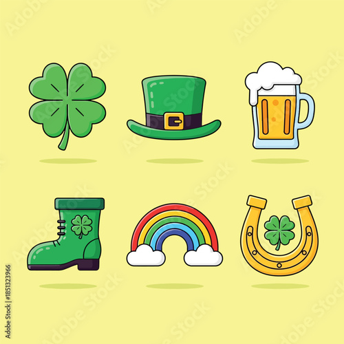 St Patricks Day cartoon icons collection with clover hat beer boot rainbow and horseshoe.