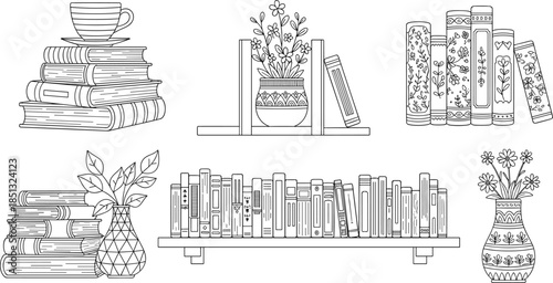Collection of Decorative Bookshelves Featuring Hardcover Books Stacked with Coffee Cup Potted Plants and Ornate Vases in CAD Drawing Flat Vector Illustration